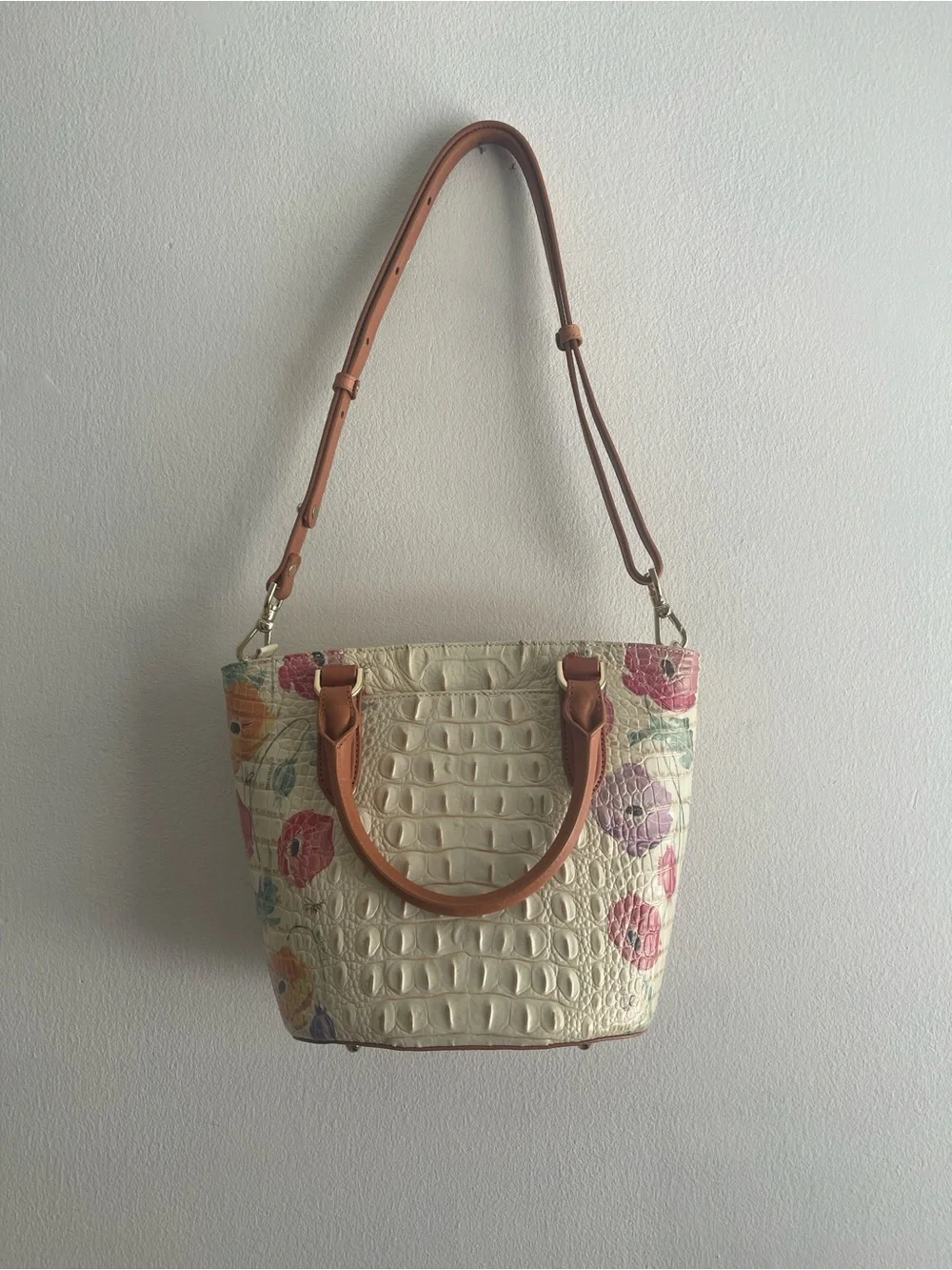 Brahmin Cream Floral Croc-Embossed Shoulder Bag with Tan Accents